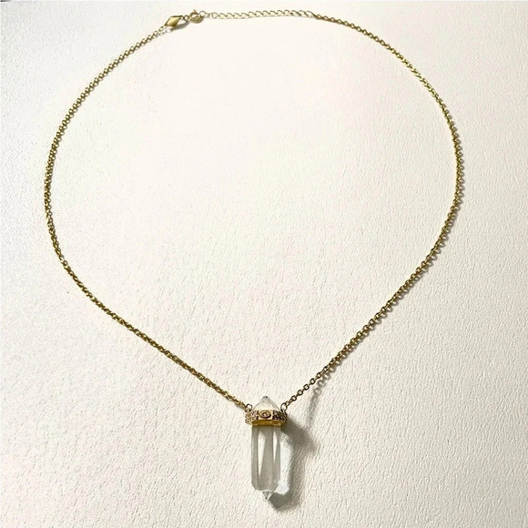 NIALAYA Clear Quartz Crystal Necklace Engraved Evil Eye Gold Plated L 18”+ 2” - Picture 9 of 9